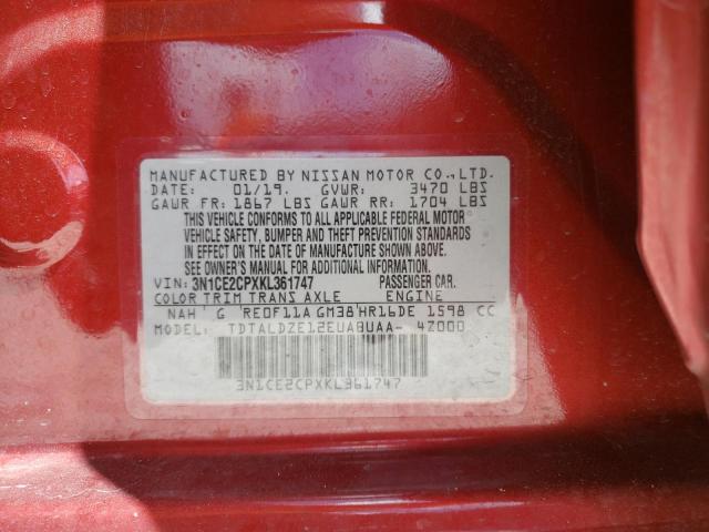 3N1CE2CPXKL361747 - 2019 NISSAN VERSA NOTE RED photo 10