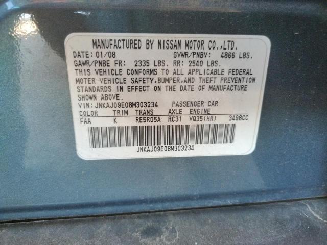 JNKAJ09E08M303234 - 2008 INFINITI EX35 BASE TEAL photo 10