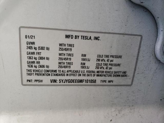 5YJYGDEE6MF101058 - 2021 TESLA MODEL Y WHITE photo 10