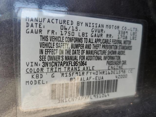 3N1CN7APXFL951064 - 2015 NISSAN VERSA S CHARCOAL photo 10