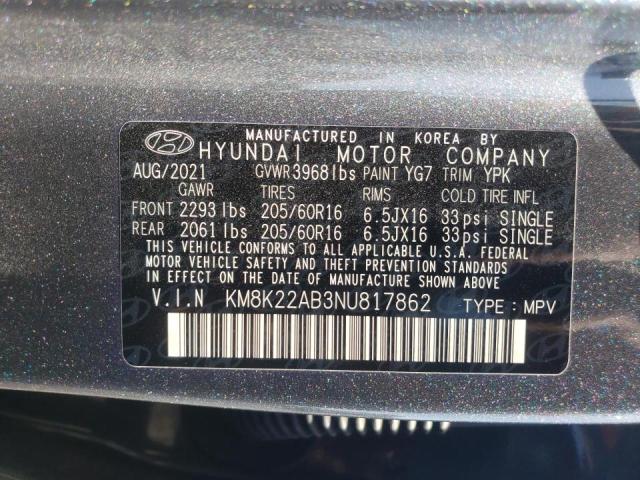 KM8K22AB3NU817862 - 2022 HYUNDAI KONA SEL GRAY photo 10