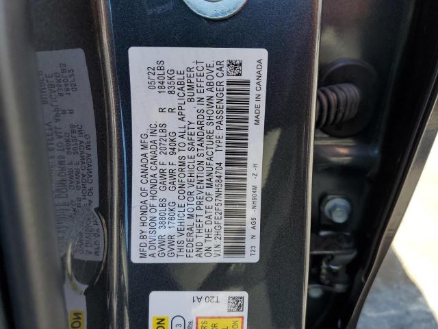 2HGFE2F57NH584704 - 2022 HONDA CIVIC SPOR GRAY photo 10