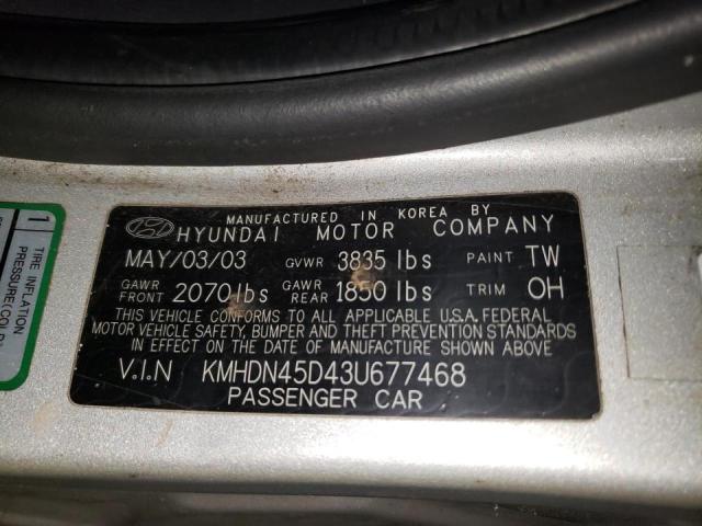 KMHDN45D43U677468 - 2003 HYUNDAI ELANTRA SILVER photo 10