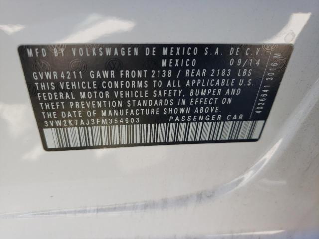 3VW2K7AJ3FM354603 - 2015 VOLKSWAGEN JETTA BASE 白色 照片 10