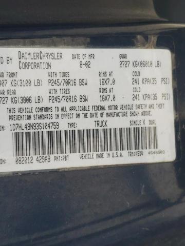 1D7HL48N93S104759 - 2003 DODGE DAKOTA QUA BLUE photo 10