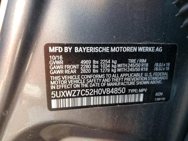 5UXWZ7C52H0V84850 - 2017 BMW X3 SDRIVE2 GRAY photo 10
