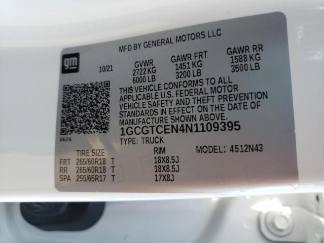 1GCGTCEN4N1109395 - 2022 CHEVROLET COLORADO L WHITE photo 10
