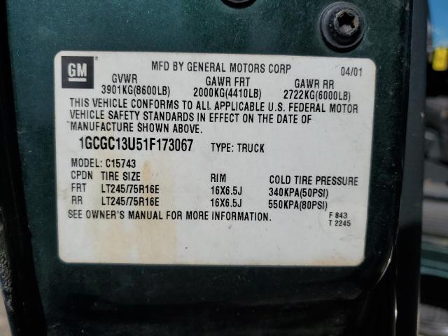 1GCGC13U51F173067 - 2001 CHEVROLET SILVERADO GREEN photo 10