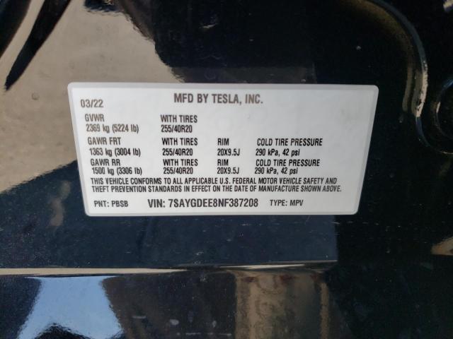 7SAYGDEE8NF387208 - 2022 TESLA MODEL Y Черный фото 10