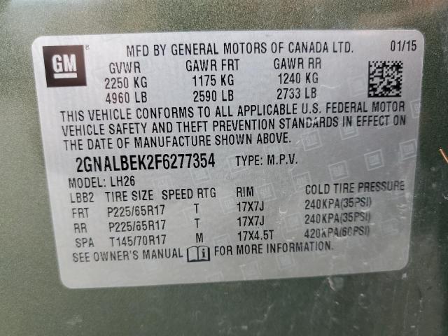 2GNALBEK2F6277354 - 2015 CHEVROLET EQUINOX LT GREEN photo 10