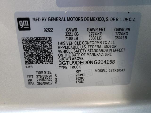 3GTU9DED0NG214158 - 2022 GMC SIERRA LIM SILVER photo 10