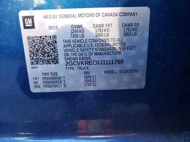 2GCVKREC0J1111760 - 2018 CHEVROLET SILVERADO BLUE photo 10