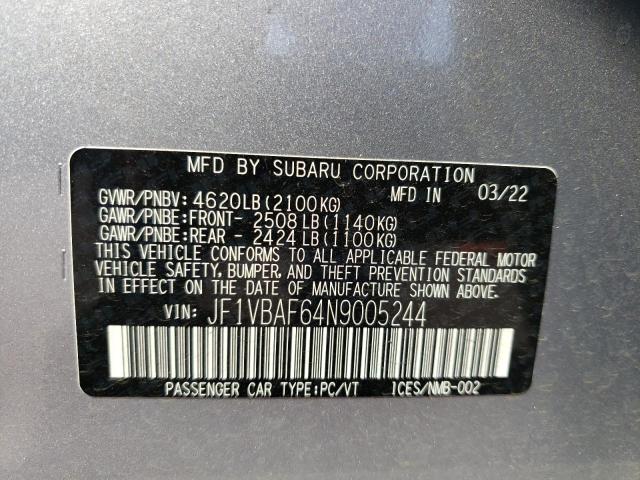 JF1VBAF64N9005244 - 2022 SUBARU WRX PREMIU SILVER photo 10