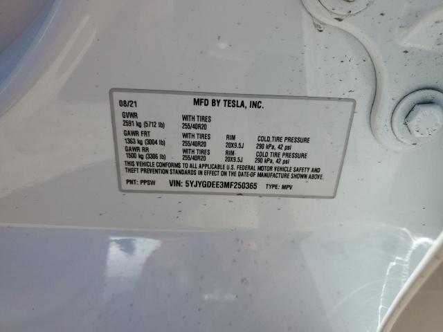 5YJYGDEE3MF250365 - 2021 TESLA MODEL Y أبيض صورة 10