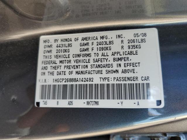 1HGCP26888A142492 - 2008 HONDA ACCORD EXL GRAY photo 10