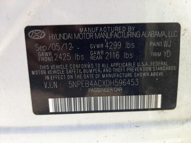 5NPEB4ACXDH596453 - 2013 HYUNDAI SONATA GLS WHITE photo 10