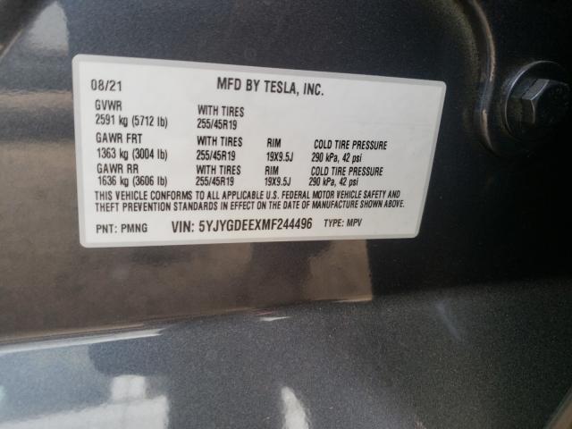 5YJYGDEEXMF244496 - 2021 TESLA MODEL Y رمادي صورة 10