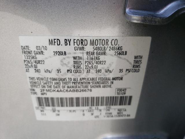 2FMDK4AC6ABB26676 - 2010 FORD EDGE SPORT SILVER photo 10