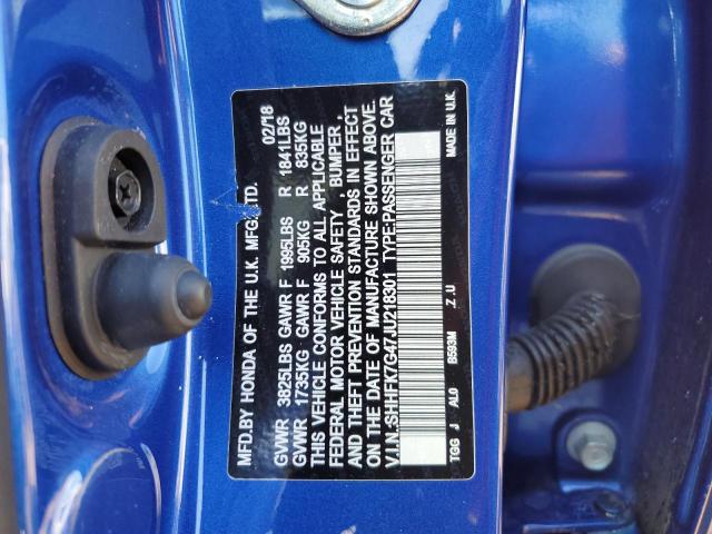 SHHFK7G47JU218301 - 2018 HONDA CIVIC SPOR BLUE photo 10