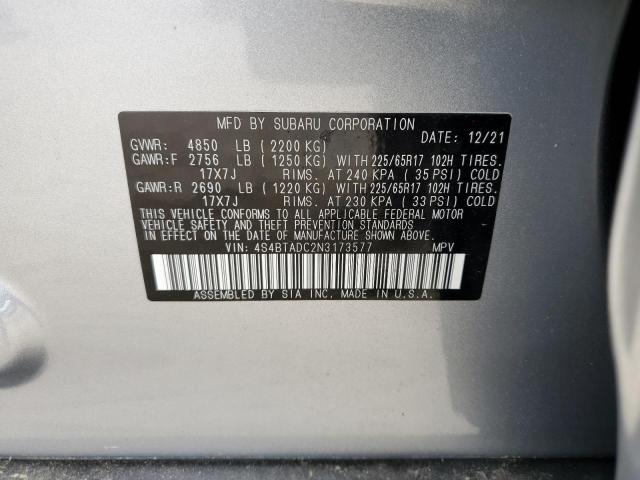 4S4BTADC2N3173577 - 2022 SUBARU OUTBACK PREMIUM  photo 10