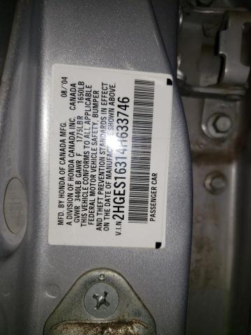 2HGES16314H633746 - 2004 HONDA CIVIC DX V SILVER photo 10