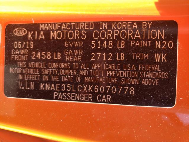 KNAE35LCXK6070778 - 2019 KIA STINGER GT ORANGE photo 10