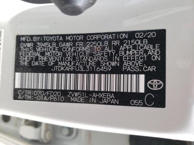 JTDKARFU3L3116459 - 2020 TOYOTA PRIUS L WHITE photo 10