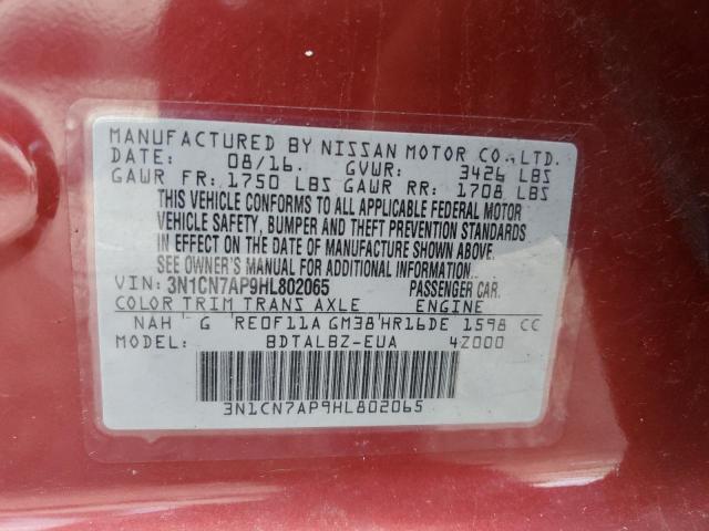 3N1CN7AP9HL802065 - 2017 NISSAN VERSA S RED photo 10