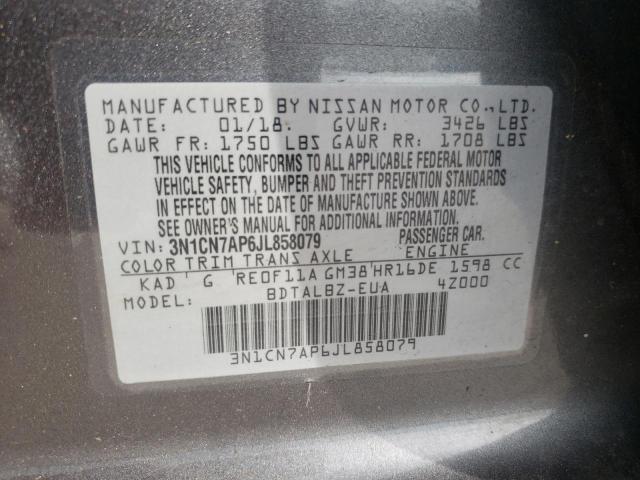 3N1CN7AP6JL858079 - 2018 NISSAN VERSA S GRAY photo 10