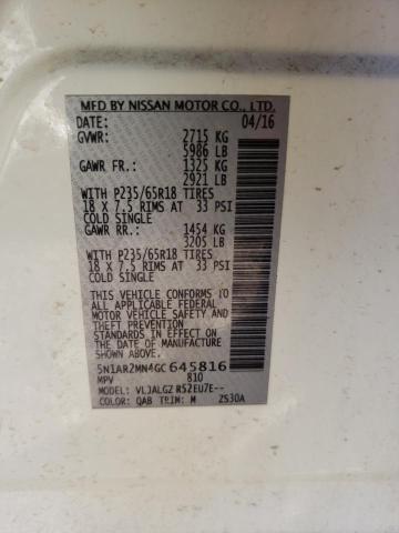 5N1AR2MN4GC645816 - 2016 NISSAN PATHFINDER WHITE photo 10