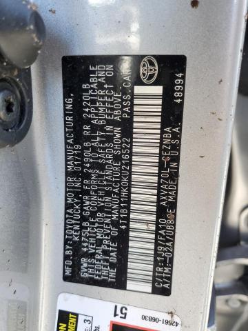 4T1B11HK0KU216522 - 2019 TOYOTA CAMRY L SILVER photo 10