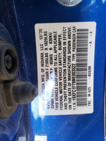 19XFC1F79ME003522 - 2021 HONDA CIVIC EXL 蓝色 照片 10