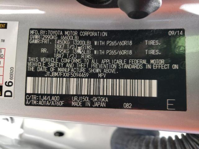 JTJBM7FXXF5094469 - 2015 LEXUS GX 460 SILVER photo 10