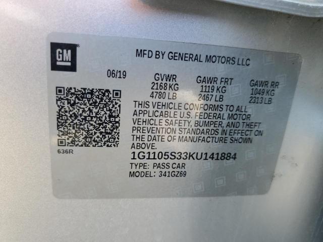 1G1105S33KU141884 - 2019 CHEVROLET IMPALA PRE ვერცხლისფერი ფოტო 10