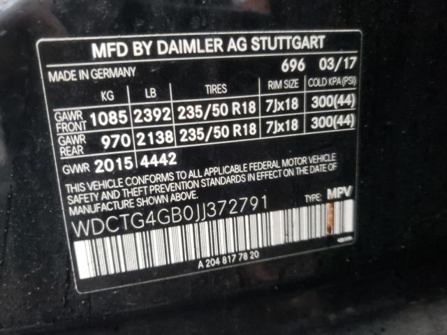 WDCTG4GB0JJ372791 - 2018 MERCEDES-BENZ GLA 250 4M BLACK photo 10