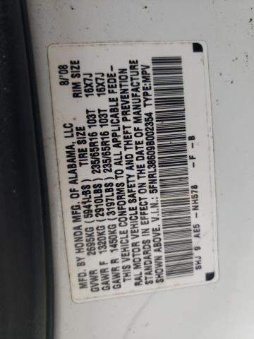 5FNRL38609B002354 - 2009 HONDA ODYSSEY EX WHITE photo 10