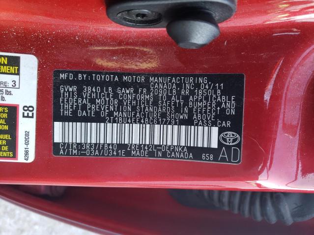 2T1BU4EE4BC617791 - 2011 TOYOTA COROLLA ba RED photo 10