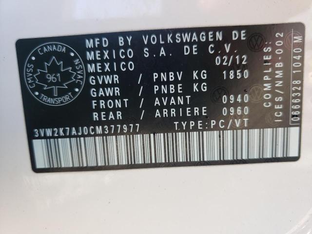 3VW2K7AJ0CM377977 - 2012 VOLKSWAGEN JETTA BASE WHITE photo 10