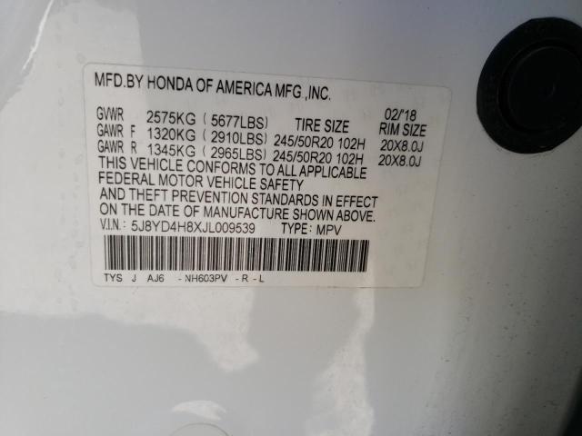 5J8YD4H8XJL009539 - 2018 ACURA MDX ADVANC WHITE photo 10