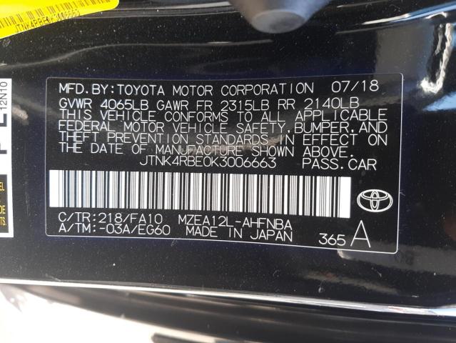 JTNK4RBE0K3006663 - 2019 TOYOTA COROLLA SE BLACK photo 10