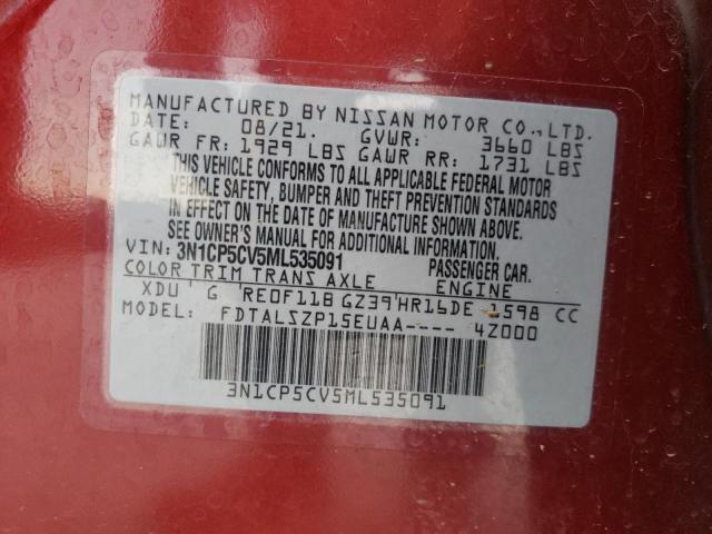 3N1CP5CV5ML535091 - 2021 NISSAN KICKS SV RED photo 10