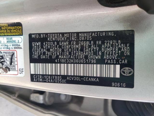 4T1BE32K06U651796 - 2006 TOYOTA CAMRY LE SILVER photo 10