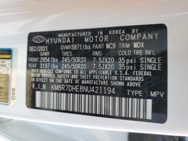 KM8R7DHE8NU421194 - 2022 HYUNDAI PALISADE C WHITE photo 10