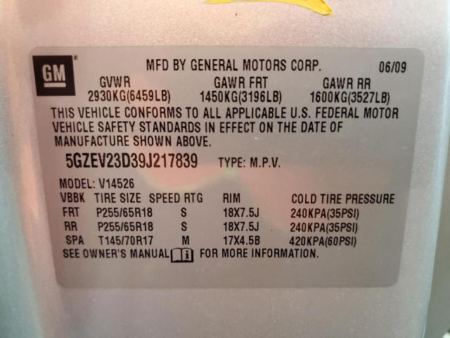 5GZEV23D39J217839 - 2009 SATURN OUTLOOK XR ვერცხლისფერი ფოტო 10