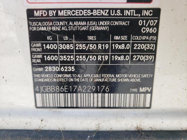 4JGBB86E17A229176 - 2007 MERCEDES-BENZ MI3 50 WHITE photo 10