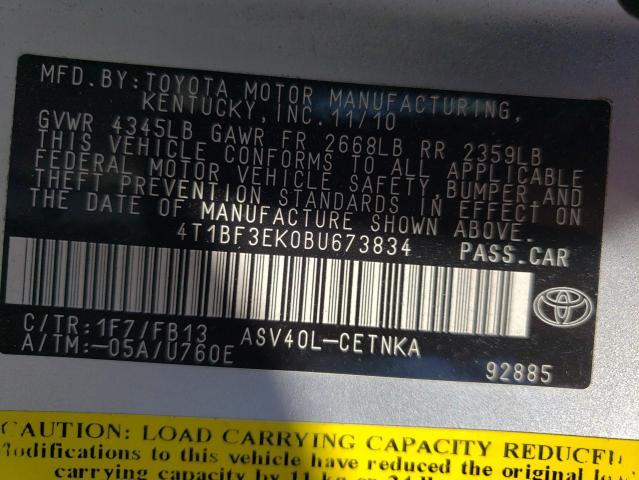 4T1BF3EK0BU673834 - 2011 TOYOTA CAMRY BASE  photo 10