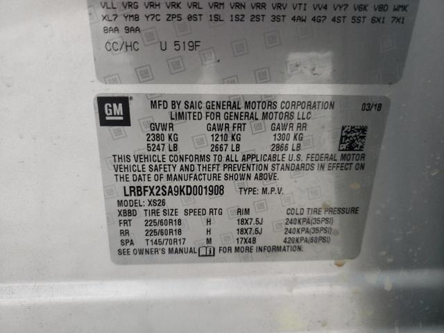 LRBFX2SA9KD001908 - 2019 BUICK ENVISION ESSENCE  ფოტო 10