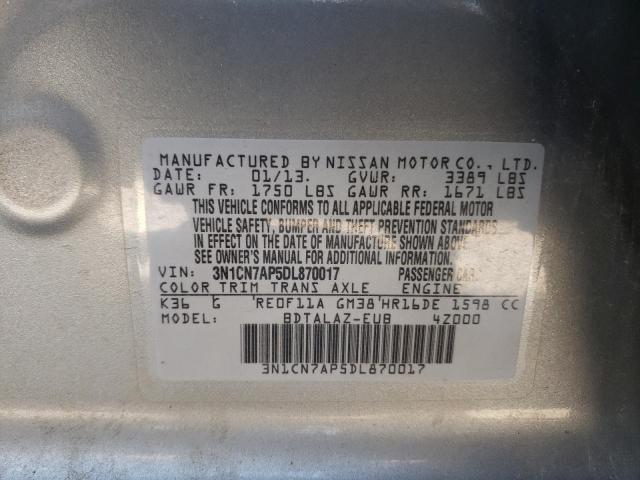 3N1CN7AP5DL870017 - 2013 NISSAN VERSA S SILVER photo 10