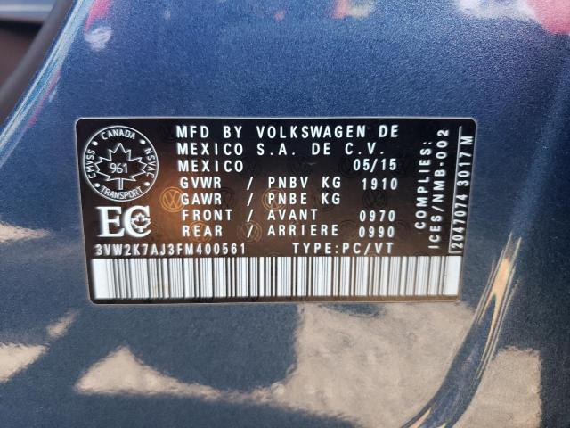 3VW2K7AJ3FM400561 - 2015 VOLKSWAGEN JETTA BASE 蓝色 照片 10