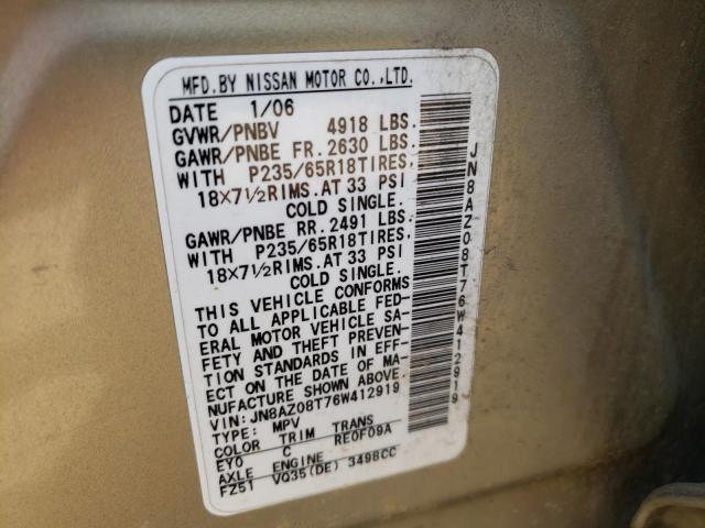 JN8AZ08T76W412919 - 2006 NISSAN MURANO GOLD photo 10